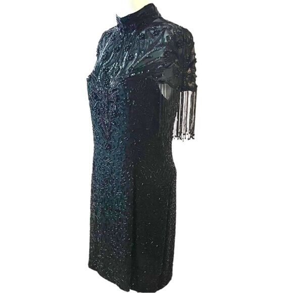 Vintage Nite Line Silk Beaded Fringe Cocktail Dress - Picture 2 of 13